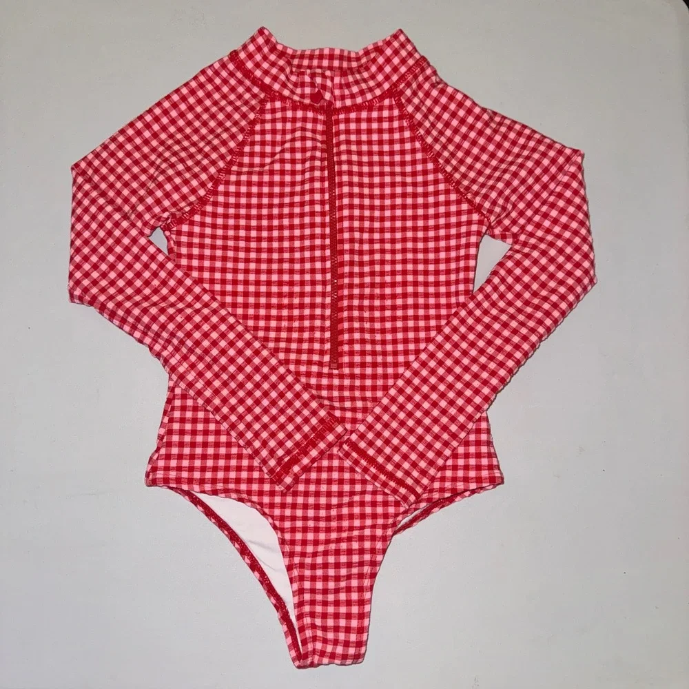 Cotton On Kids Swimsuit Set Girls 6 Green Red Fruit Gingham Long Sleeve 2pc